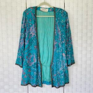 VTG Y2K Lillie Rubin Silk Jacket Open Front Aqua Blue Pink Sequin Beaded LARGE